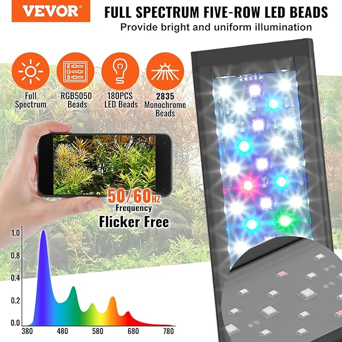 VEVOR Aquarium Light, 36W Full Spectrum Fish Tank Light with 24/7 Natural Mode, Adjustable Timer & 5-Level Brightness, with Aluminum Alloy Shell Extendable Brackets for 36"-42" Freshwater Planted Tank