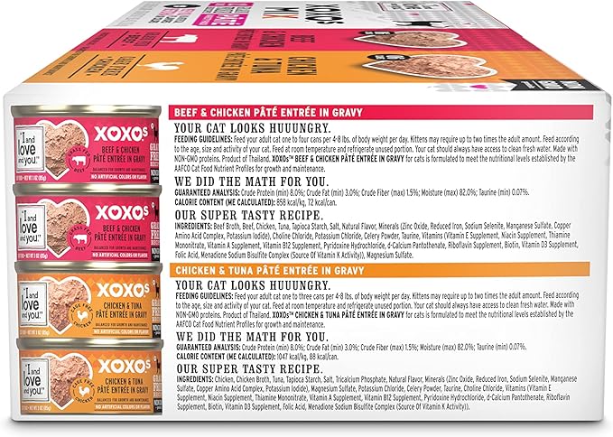 I AND LOVE AND YOU" XOXOs Canned Wet Cat Food, Beef/Chicken Pate Variety Pack, Grain Free, Real Meat, No Fillers, 3 oz Cans, Pack of 12 Cans