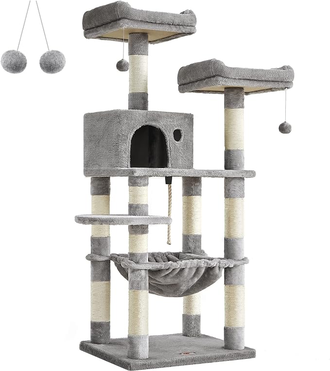 FEANDREA Cat Tree, Cat Tower for Indoor Cats, 56.3-Inch Cat Condo with Scratching Posts, Hammock, Plush Perch, Light Gray UPCT15W