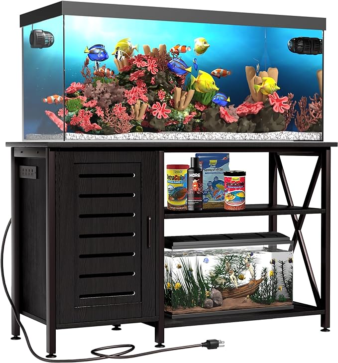 55-75 Gallon Fish Tank Stand, Aquarium Stand with Power Outlets and Cabinet for Fish Tank Accessories Storage, Heavy Duty Metal Frame, 52" L*19.68" W Tabletop, 1200LBS Capacity, Black PG05YGB