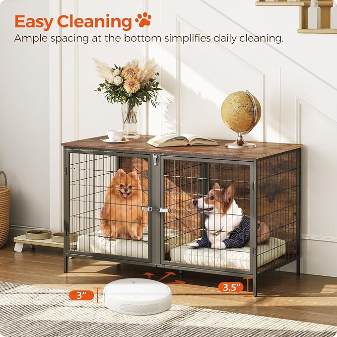Dog Crate Furniture for 2 Dogs, 43.3" Dog Kennel with Removable Divider, Heavy Sturdy Dog Furniture Style Double Cage for Small Medium Dog, Indoor Dog House End Table, Rustic Brown DCHR1201
