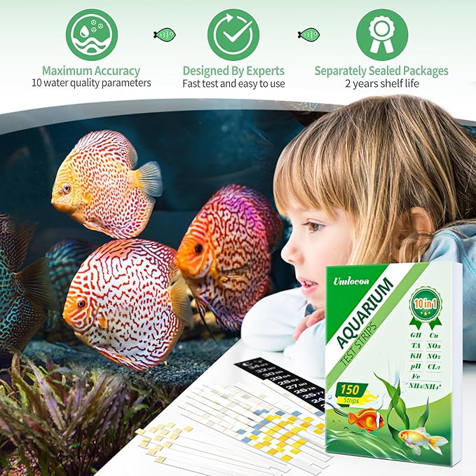 10 in 1 Aquarium Ammonia Test Kit - Ammonia Fish Tank Test Strips - 150 Aquarium Test Strips with Test Tube & Thermometer - Fast Testing Ammonia and 9 More for Aquarium/Pond/Pool