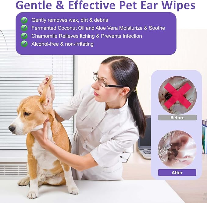 Dog Ear Wipes for Dogs & Cats, Pet Ear Cleaner Wipes - Gently Remove Ear Wax, Debris - Sooths & Deodorizes - Relieve Ear Itching & Inflammation, Fresh Coconut Scent, All Natural - 60 Count