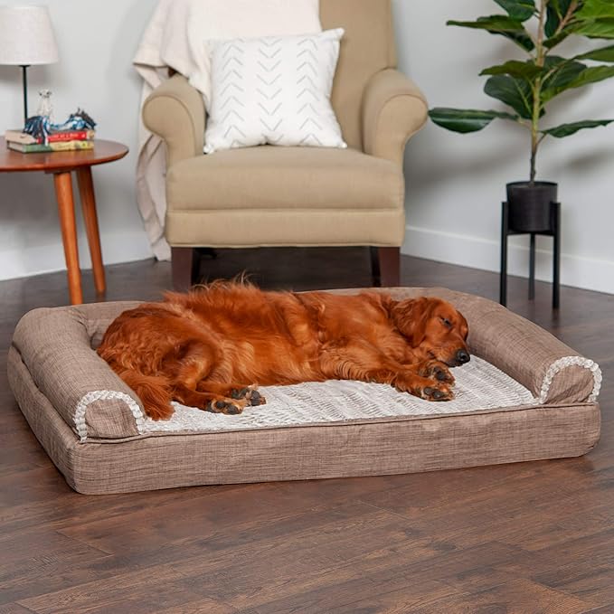 Furhaven Memory Foam Dog Bed for Large Dogs w/ Removable Bolsters & Washable Cover, For Dogs Up to 95 lbs - Luxe Faux Fur & Performance Linen Sofa - Woodsmoke, Jumbo/XL, 40.0"L x 32.0"W x 8.0"Th