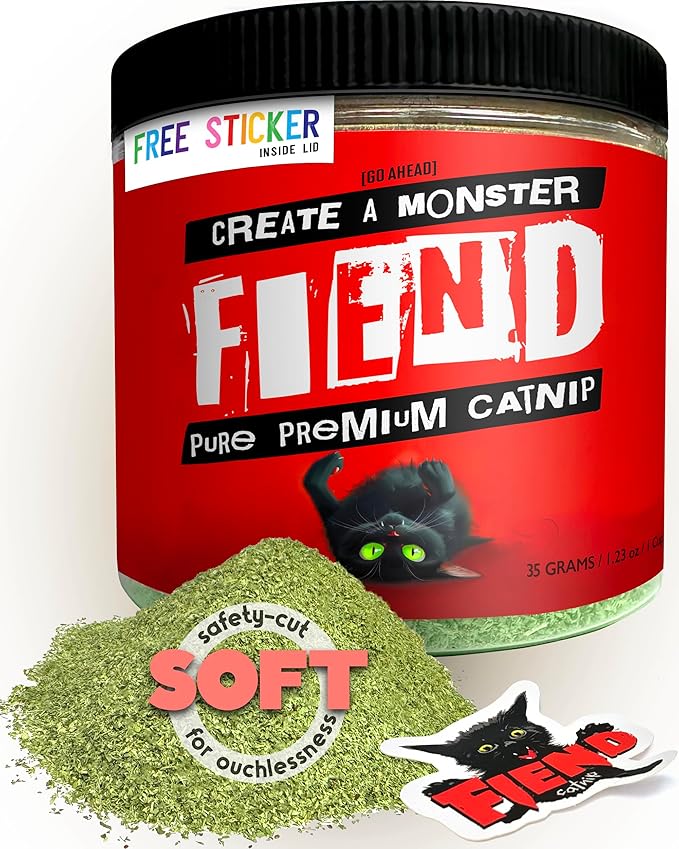 Fiend Catnip for Cats | Safety-Cut 100% Pure Potent Cat Nip (with Sticker) | Ultra Potent and Super Soft Premium Air Dried Soft - Cut Catnip for Cats Catnip - Create a Monster!