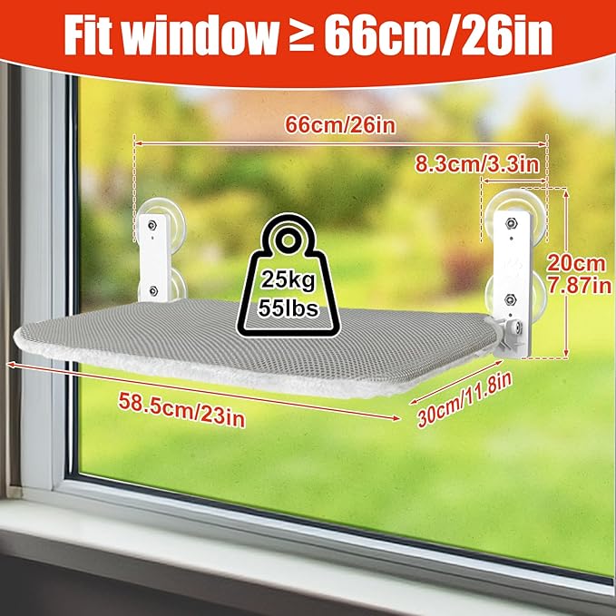 Sunhoo Cat Window Hammock Perch Cordless Perches Window Sill Seat Bed Foldable Stable Lounger Upgraded Suction Cup Easy Assembly Indoor Cats Kitty Shelf Hold Up to 55lbs (light gray, L)