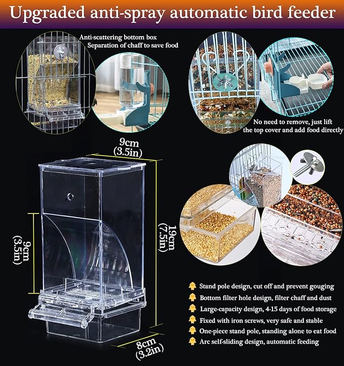 No Mess Bird Feeder Water Dispenser Set, Automatic Parrot Feeder Cage Accessories, Clear Parakeet Seed Container Food Feeder Drinker for Cage, Cockatiel Finch Lovebirds Budgies Canary (Blue)