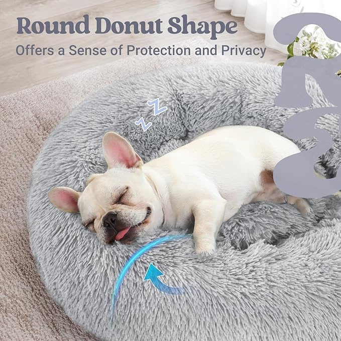 rabbitgoo Calming Dog Bed for Small Dog, 27 inches Pet Bed Washable, Fluffy Round Bed, Non-Slip Plush Large Cat Bed, Soft Cushion for Puppy, Light Grey