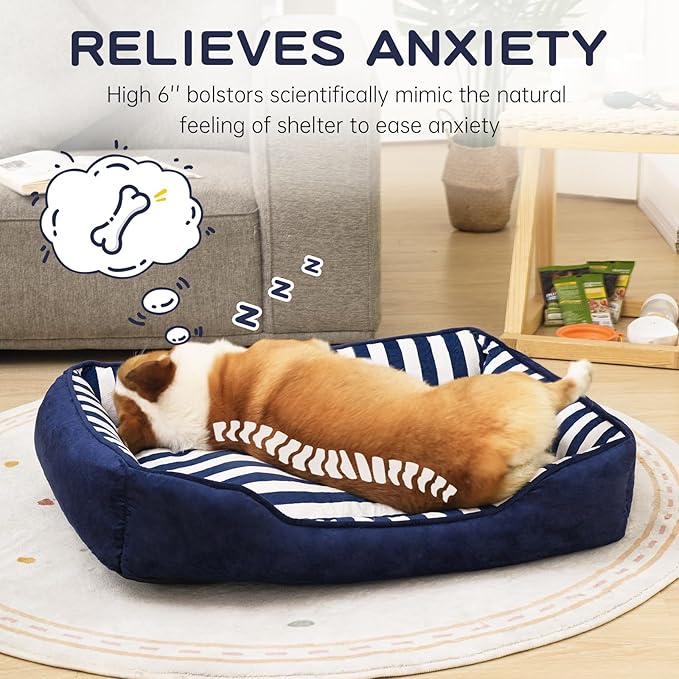 Dog Bed Medium Size Dog, Large Dog Beds with Orthopedic Memory Foam Dog Beds, Pet Beds for Large Dogs, Dog Bed with Removable Washable Cover, Blue & White Color, M, 35" L X 27" W X 6" Th