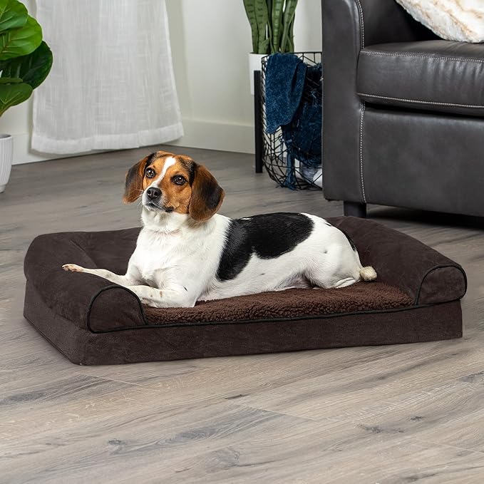Furhaven Orthopedic Dog Bed for Medium/Small Dogs w/ Removable Bolsters & Washable Cover, For Dogs Up to 35 lbs - Sherpa & Chenille Sofa - Coffee, Medium