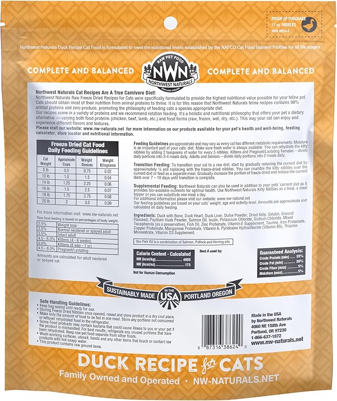 Northwest Naturals Freeze-Dried Duck Cat Food - Bite-Sized Nibbles - Healthy, Limited Ingredients, Human Grade Pet Food, All Natural - 11 Oz (Pack of 3) (Packaging May Vary)