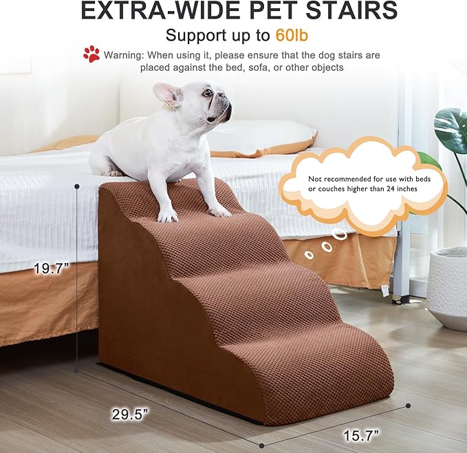 Ryoizen Dog Stairs Ramps to High Beds and Couch Up to 24'', 4-Step Dog Step for Small Large Dog with High-Density Foam, Pet Stairs with Non-Slip Bottom for Puppy and Cat, Hair Remover Roller, Brown