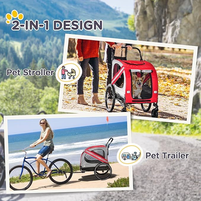 Aosom 2-in-1 Pet Bike Trailer for Small Dogs, Road-Visibility Bicycle Stroller, Weather-Strong Bike Wagon Trailer Sidecar Attachment