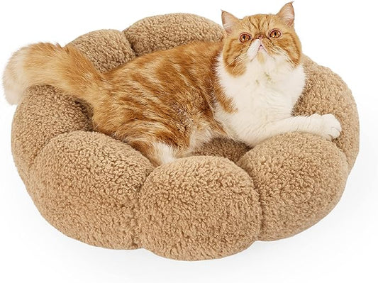 Lesure Calming Cat Beds for Indoor Cats - Cute Flower Pet Beds in Teddy Sherpa Plush, Donut Round Fluffy Puppy Bed, Non-Slip Extra Small Dog Bed Fits up to 15 lbs, Machine Washable, Camel 20"