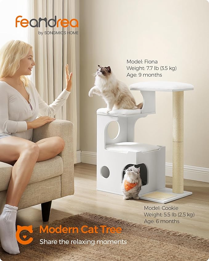 Feandrea WoodyWonders Cat Tree, 33.8-Inch Modern Cat Tower, Cat Condo with 3 Perches, Scratching Post and Mat, Cave, 4 Removable Washable Cushions, Cloud White UPCT070W01