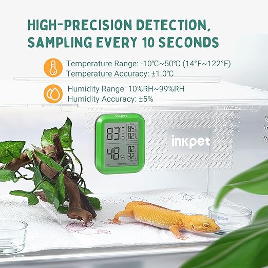 Reptile Thermometer Hygrometer with Max/min Record High-Accuracy Digial Display Ideal for Reptile Terrarium, Tank, Pet Rearing Box, Bearded Dragon, Leopard Gecko