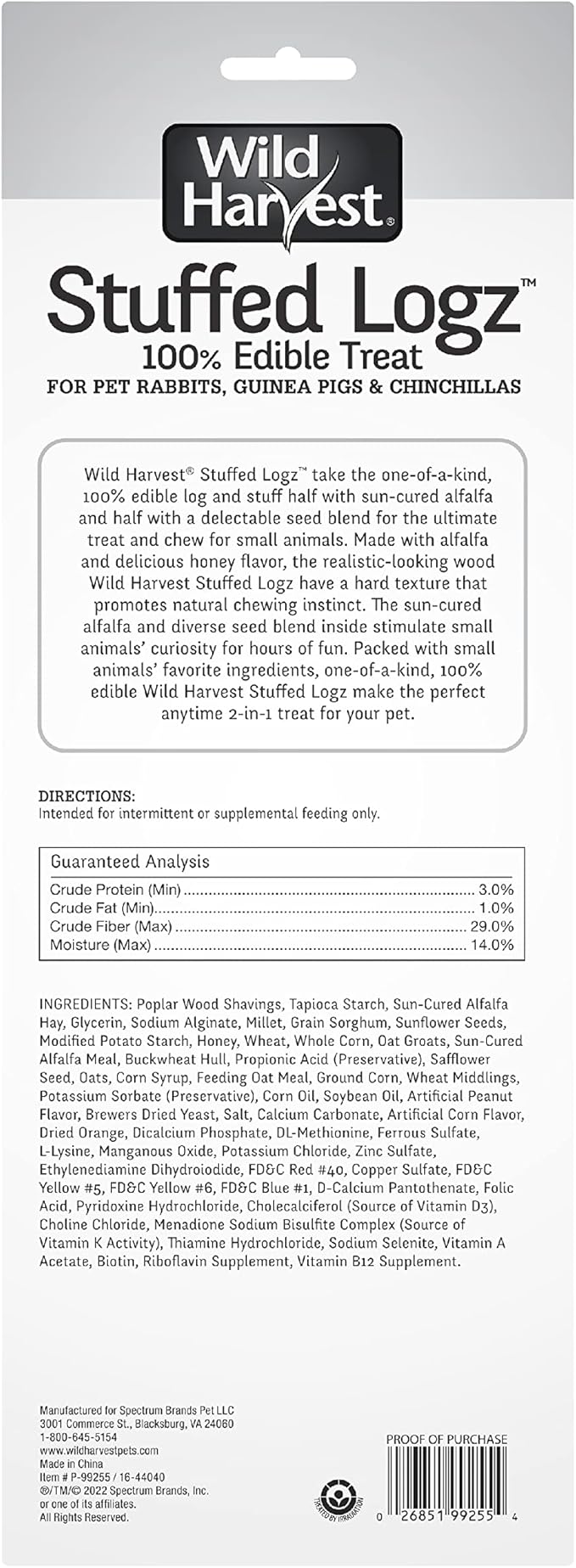 Wild Harvest Stuffed Logz 1 Count, Edible Treat for Rabbits, Guinea Pigs and Chinchillas, Artificial Peanut Butter Flavor (Pack of 2)