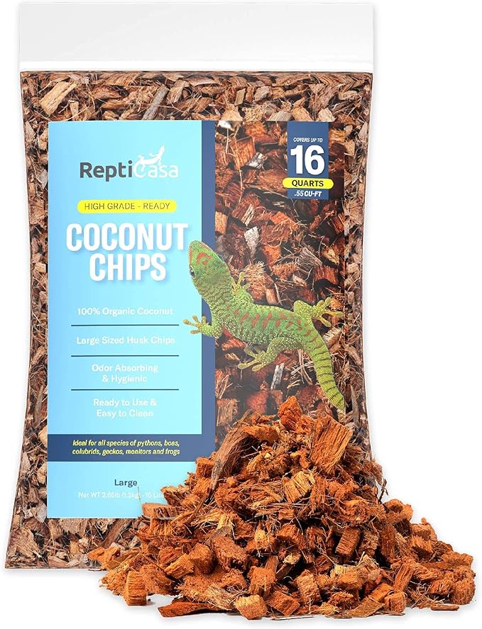 Organic Coconut Chips Substrate Clean & Ready to Use for Reptiles, Snakes, Tortoise, and Amphibians, Natural Fiber Free Husks, Clean Breeding and Bedding Flooring, Odor Absorbing - 16 Quarts