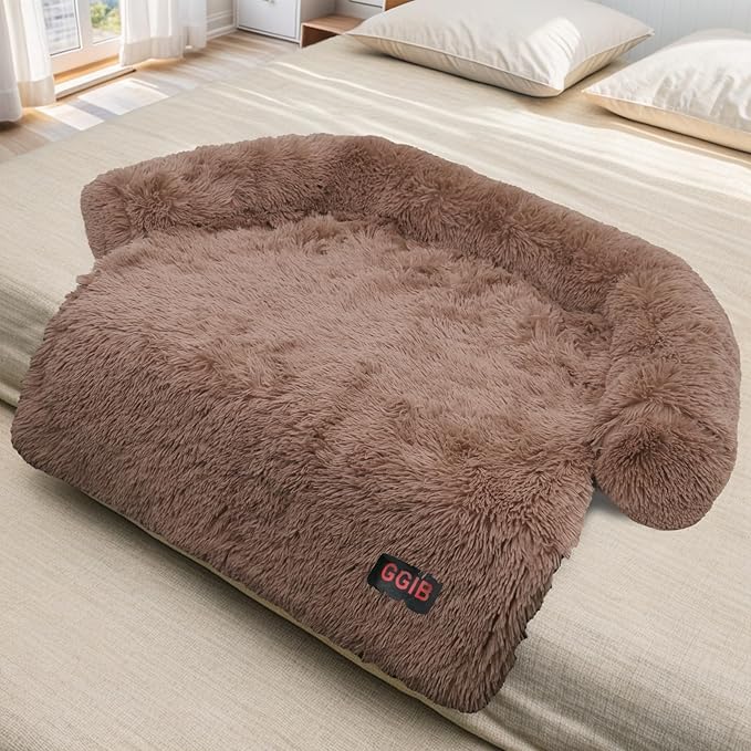 Calming Dog Bed Fluffy Plush Dog Mat for Furniture Protector with Removable Washable Cover for Large Medium Small Dogs and Cats (Large(45x37x6), Light Brown)