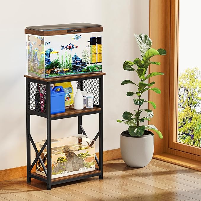 Snughome Fish Tank Stand, 10 Gallon Aquarium Stand with Storage, 3 Tier Heavy Metal Fish Tank Stand Fish Tank Shelf 20.47''L×11.42''W×30.91''H, Rustic Brown