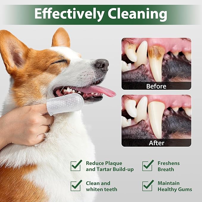 LANBEIDE Updated Larger Pet Teeth Cleaning Wipes for Dogs & Cats, Dog Dental Wipes No-Rinse Dog Finger Toothbrush for Reducing Plaque & Tartar, Breath Freshener Dental and Gum Care Pet Wipes 50 Counts