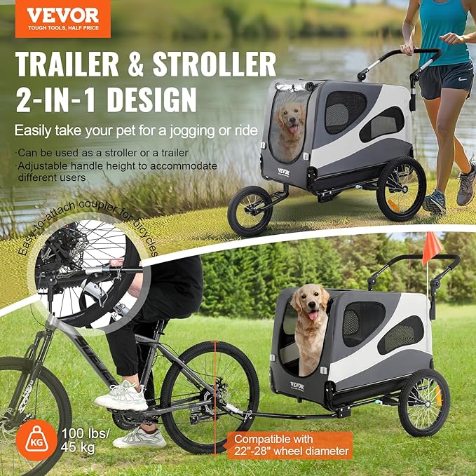 VEVOR Dog Bike Trailer, Supports up to 66/88/100 lbs, 2-in-1 Pet Stroller Cart Bicycle Carrier, Easy Folding Cart Frame with Quick Release Wheels, Universal Bicycle Coupler, Reflectors, Flag