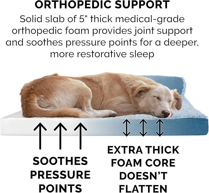 Furhaven Orthopedic Dog Bed for Large Dogs w/ Removable Bolsters & Washable Cover, For Dogs Up to 125 lbs - Two-Tone Plush Faux Fur & Suede L Shaped Chaise - Marine Blue, Jumbo Plus/XXL