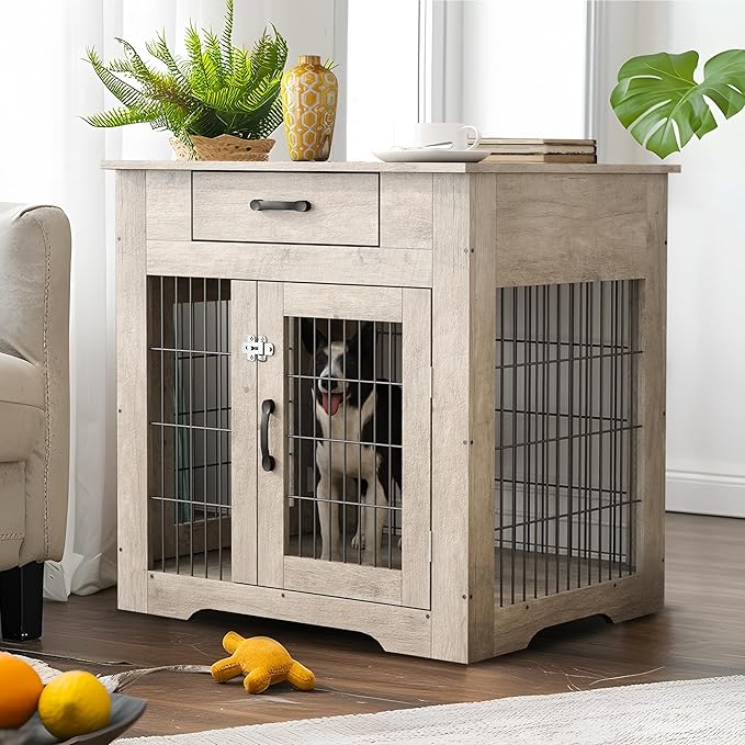 NicBex Dog Crate Furniture, 29.9" L Dog Crates for Small Dogs, Small Dog Crate with Double Doors, Wooden Dog Kennel Indoor for Small Medium Dog up to 25lb, Dog House with Drawer Grey