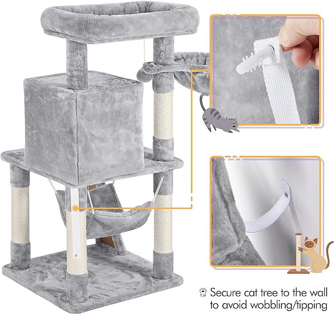 Yaheetech Cat Tree Cat Tower, 40-Inch Cat Condo with Oversized Soft Platform, Scratching Board, Basket and Hammock, Cat Furniture for Kittens Cats Pets, Light Gray