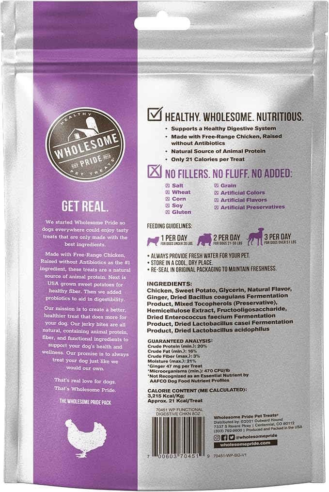 Wholesome Pride Functional Dog Digestive Support Chicken Recipe Jerky Bites Dog Treats - 8 oz