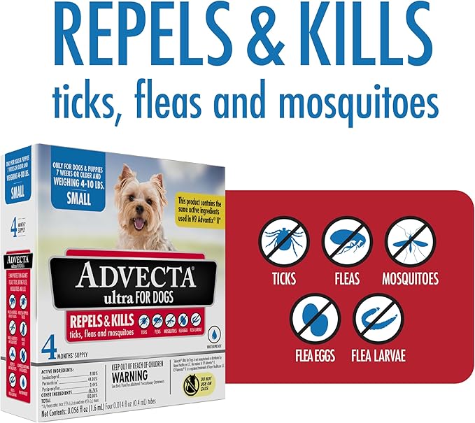 Ultra Flea And Tick Prevention For Dogs - Dog and Puppy Treatment and Control - Mosquito Repellent - Small, Fast Acting Waterproof Topical Drops, 4 Month Supply