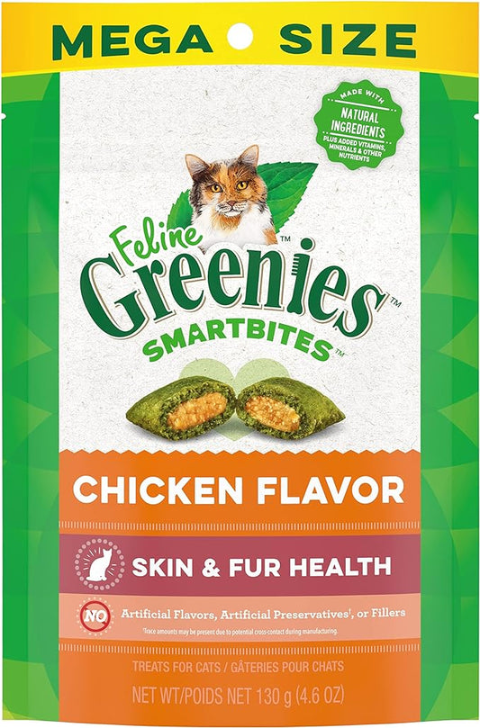 Greenies Feline Smartbites Skin & Fur Crunchy and Soft Natural Cat Treats, Chicken Flavor, 4.6 oz. Pack
