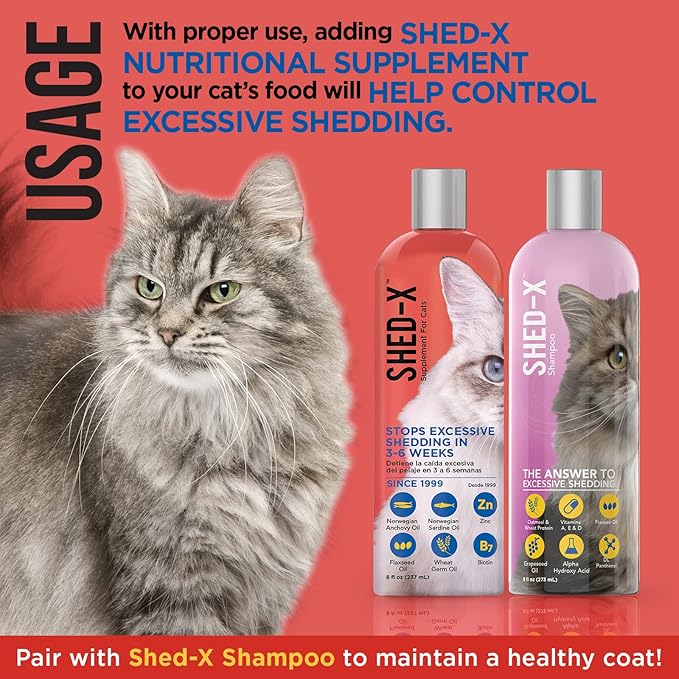 Shed-X Liquid Cat Supplement, 8oz – 100% Natural – Shed Defender, Help Excessive Cat Shedding with Cat Supplements of Essential Fatty Acids, Vitamins, and Minerals