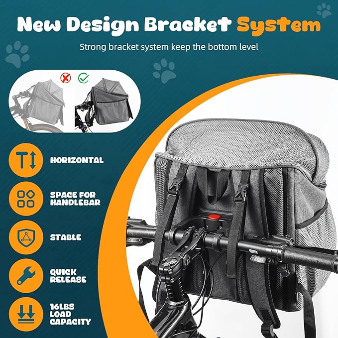 Dog Bike Basket Carrier, Dog Basket for Bike with Mesh Window, Bike Pet Carrier for Cats & Dogs, Pet Bike Front Carrier Backpack for Bike Riding