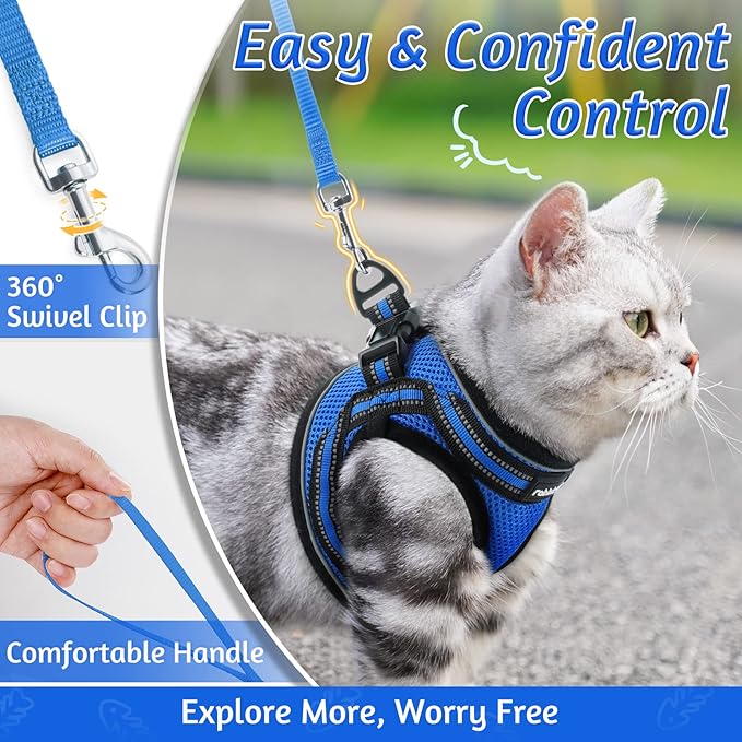 rabbitgoo Cat Harness and Leash Set for Walking Escape Proof, Adjustable Soft Kittens Vest with Reflective Strip for Cats, Comfortable Outdoor Vest, Blue, S