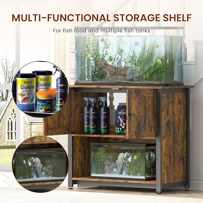 40-50 Gallon Fish Tank Stand with Cabinet, Metal Aquarium Stand for Accessories Storage, Reptile Tank Turtle Terrariums Table Bearable 1000LBS, Accommodates 2 Aquariums