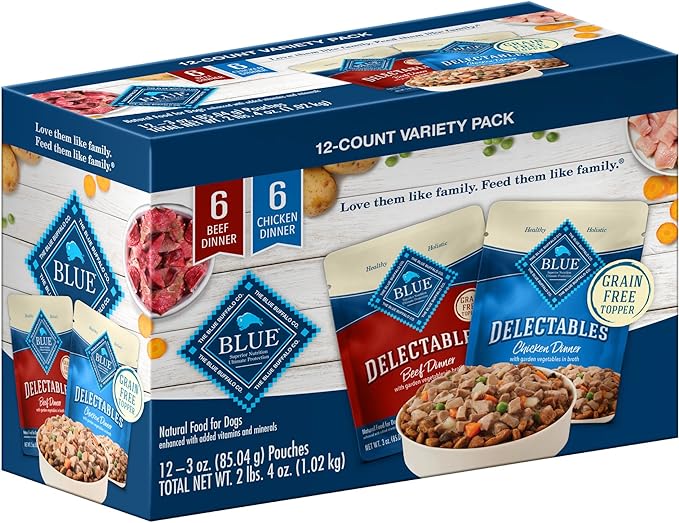 Blue Buffalo Delectables Natural Wet Dog Food Toppers Variety Pack, Tasty Chicken & Hearty Beef, Cuts in Gravy, 3-oz. (12 Pouches, 6 of Each Flavor)