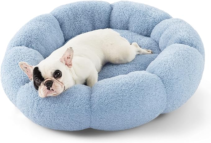 Lesure Calming Medium Dog Bed - Flower Donut Round Fluffy Puppy Bed in Plush Teddy Sherpa, Non-Slip Cute Flower Cat Beds for Indoor Cats, Medium Pet Bed Fits up to 45 lbs, Machine Washable, Blue 30"