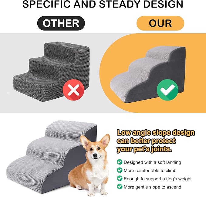 3 Tier Dog Ramp for Couch, Non-Slip Pet Stairs, Extra Wide Deep Dog Steps, 15.7" High Sofa Foam Dog Stairs/Puppy Stairs/Dog Ladder - Best for Small Pets, Older Dogs, Cats with Joint Pain