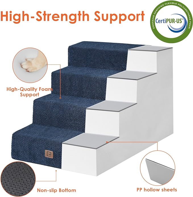 EHEYCIGA Dog Stairs for Bed 20”H, 4-Step Extra Wide Extra Wide Dog Steps for High Bed, Pet Steps for Small Dogs and Cats, Non-Slip Balanced Dog Indoor Ramp, Navy Blue