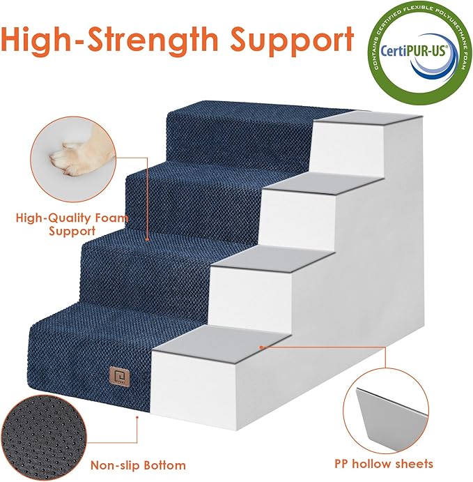 EHEYCIGA Dog Stairs for Bed 20”H, 4-Step Extra Wide Extra Wide Dog Steps for High Bed, Pet Steps for Small Dogs and Cats, Non-Slip Balanced Dog Indoor Ramp, Navy Blue