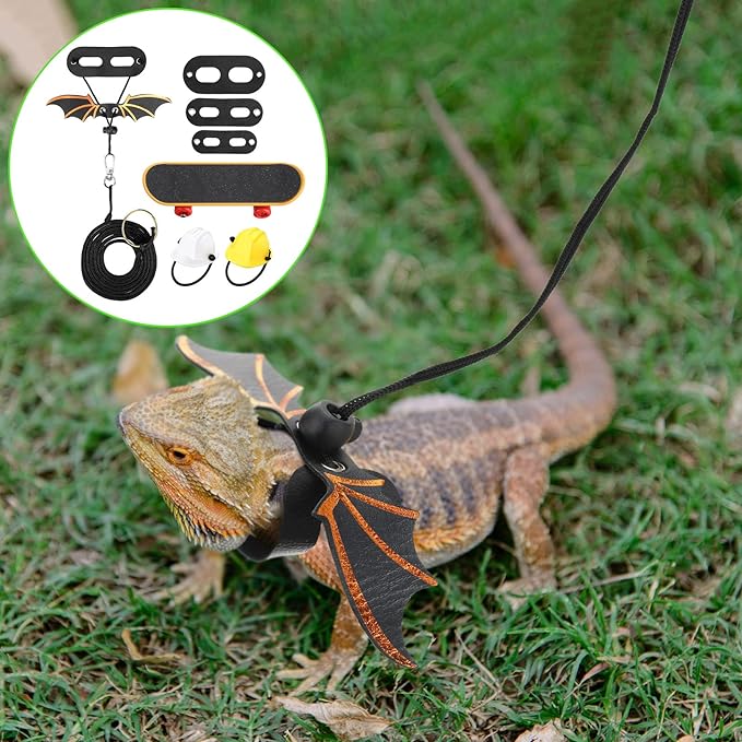 5 Pieces Bearded Dragon Accessories Toy Set Bearded Dragon Leashes and Harnesses S/M/L 3 Size Packed Lizard Harness Mini Scooter Lizard Helmet Hats Adjustable Bearded Dragon Leash (Black)