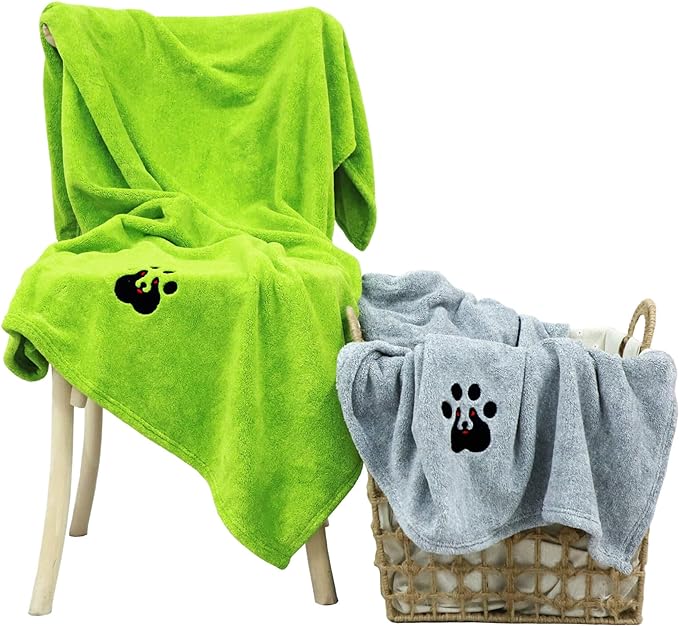 Extra Large Dog Towels for Drying Dogs - Pack of 2 - Super Absorbent Soft Microfiber Pet Bath Grooming Towel for Dogs and Cats & Other Pets (XL-55" * 36", Green and Gery)