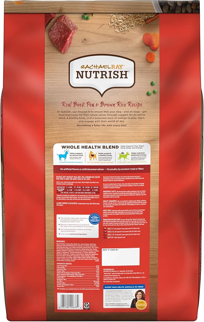 Rachael Ray Nutrish Premium Natural Dry Dog Food with Added Vitamins, Minerals & Taurine, Real Beef, Pea, & Brown Rice Recipe, 28 Pounds (Packaging May Vary)