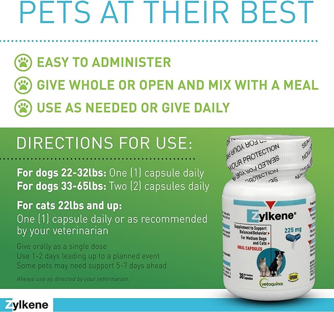 Vetoquinol Zylkene Calming Support Supplement for Medium Dogs 33-65lbs Helps Promote Relaxation and Reduce External Stress Factors, Daily Behavioral Support and Anxiety Relief for Dogs, 225mg