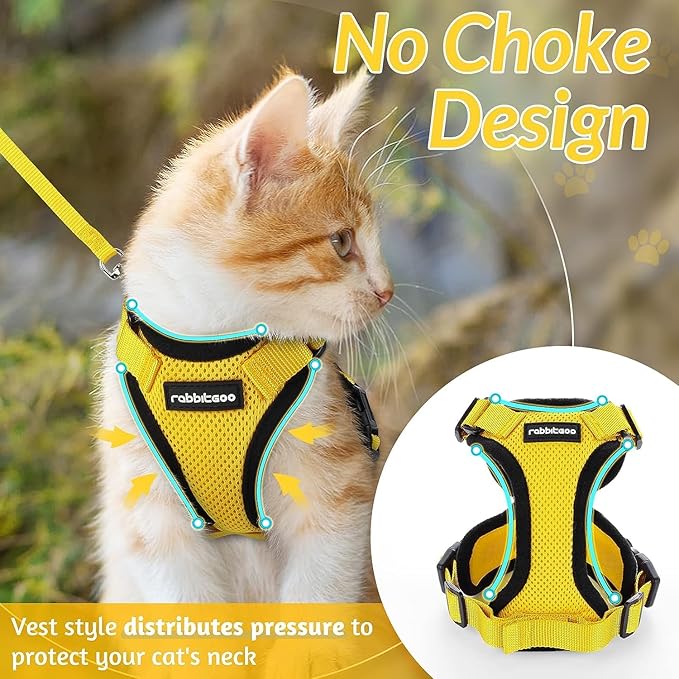 rabbitgoo Cat Harness and Leash for Walking, Escape Proof Soft Adjustable Vest Harnesses for Cats, Easy Control Breathable Reflective Strips Jacket, Yellow, M