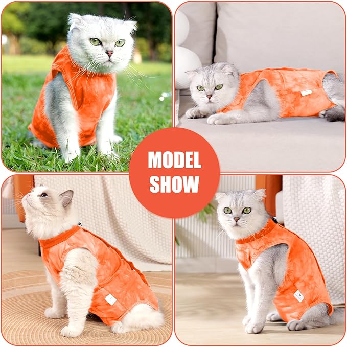 Cat Recovery Suit for Male and Female Surgical Post Surgery Soft Cone Onesie Tie Dye Cats Shirt Clothes Neuter Licking Protective Diapers Outfit Cover Kitten Spay Collar Alternative(Orange, L)