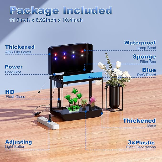 Fish Tank Aquarium 2.2 Gallon with Adjustable 3 Color Light Bead Self Cleaning 3 in 1 Pump with Filteration, Oxygenation, Water Circulation Triple Function, HD Heat Bending Glass, Leak-Proof Base