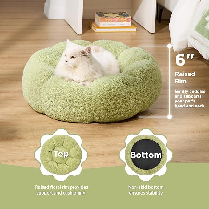 Lesure Calming Cat Beds for Indoor Cats - Cute Flower Pet Beds in Teddy Sherpa Plush, Donut Round Fluffy Puppy Bed, Non-Slip Extra Small Dog Bed Fits up to 15 lbs, Machine Washable, Green 20"