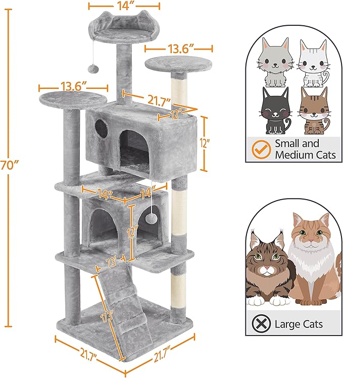 Yaheetech 70in Multi-Level Cat Tree Tall Cat Tower Cat Furniture with Condo, Scratching Posts & Dangling Ball for Indoor Cats Activity Center, Light Gray